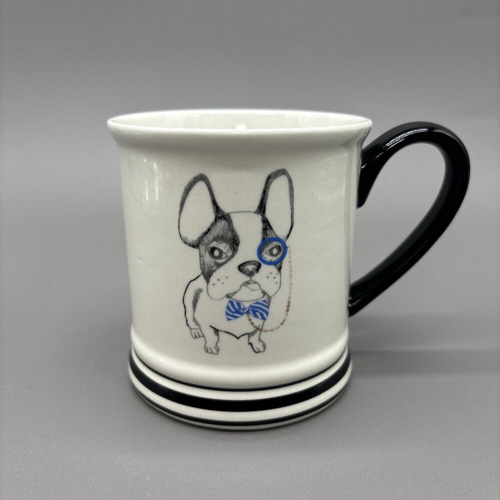 Frenchie Coffee Mug Porcelain CLAY ART French Bull Dog w/ Monocle & Blue Bowtie